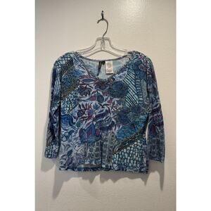 Forbidden Size Small 3/4 Sleeve V Neck Beaded Blue Purple Top Tee Floral Y2K